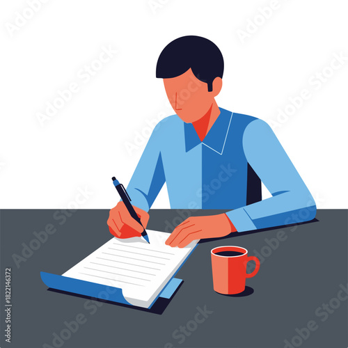 Man writing on paper at desk with coffee cup. Man writing includes taking notes with pen on clipboard at table with drink. Creative process man writing can be used for presentations, blogs,