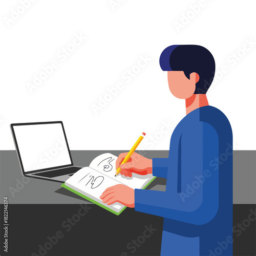 Person writing in notebook, a person writing something in notebook, sitting at a table next to a laptop. Person writing expresses planning and creativity.