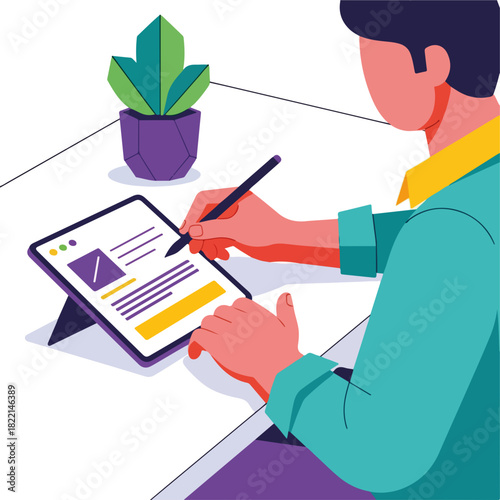 Illustrative digital artist at work on tablet. Digital artist designs with stylus and touch screen device in modern office. Concept digital artist profession, use illustration for web.