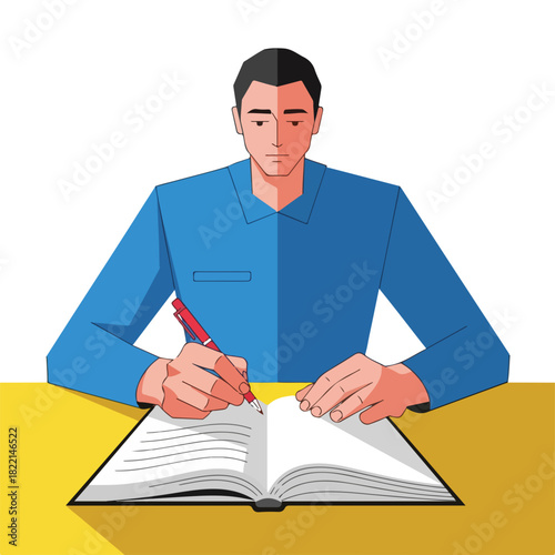 Writing in notebook while sitting at table with blank journal pages offers space for writing in notebook ideas. Writing in notebook is useful for journaling in blank agenda.