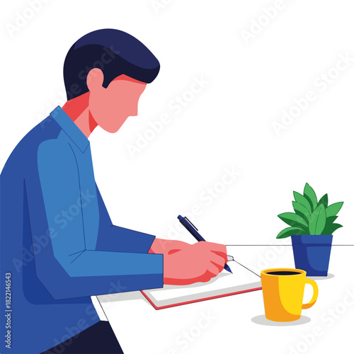Man writing with pen in notebook at desk alongside a mug and potted plant for focus. Man writing or note-taking with attention on white page of open book, beside beverage and flora.