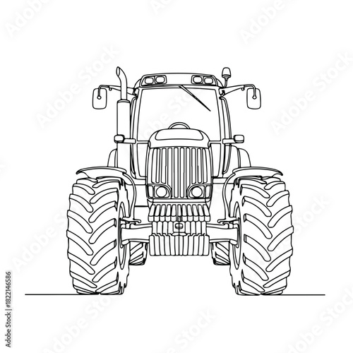 Simple tractor line drawing on white. Tractor line artwork includes vehicle, wheels and front machinery. Farm tractor line design perfect for coloring books or product designs.