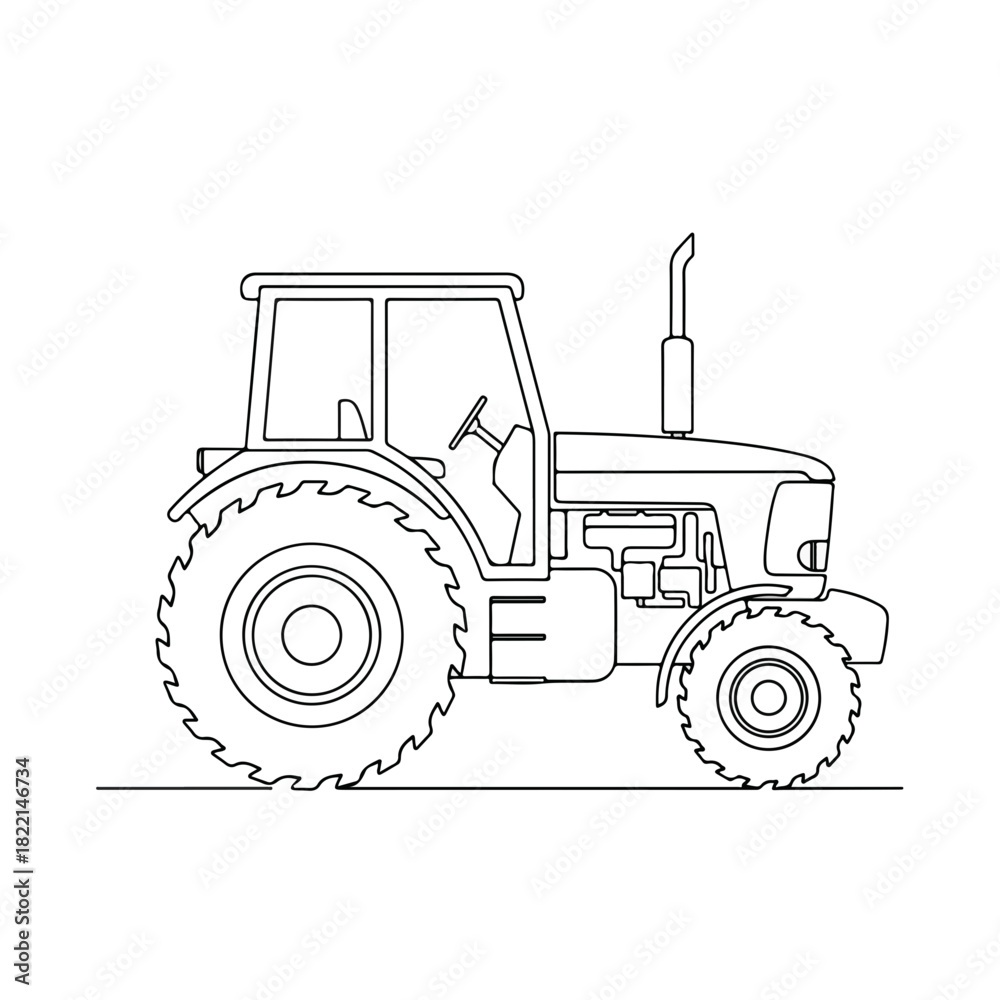 Obraz premium Simple tractor outline presents agricultural vehicle with powerful wheels and exhaust pipe. Modern tractor outline has become indispensable tool for farmers in field.