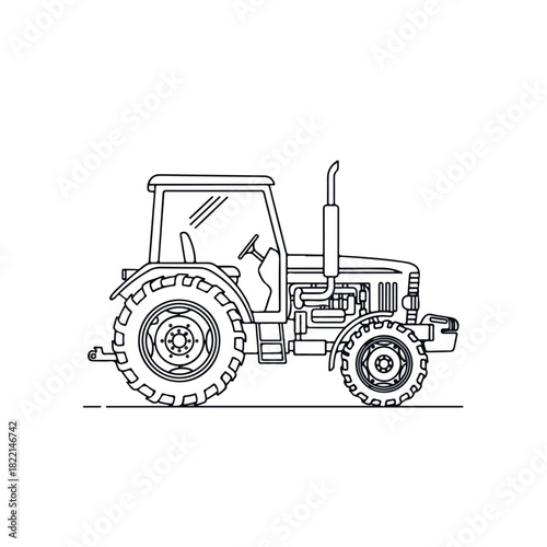 Farm equipment on white background, represented by tractor drawing. Tractor drawing has clean lines and conveys simplicity. Farm equipment is valuable asset.
