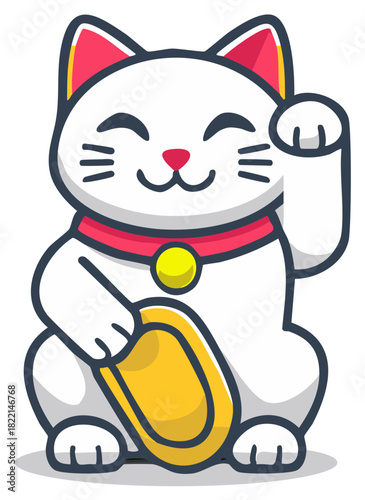 Japanese Lucky Cat Maneki Neko Waving for Good Fortune Vector Illustration