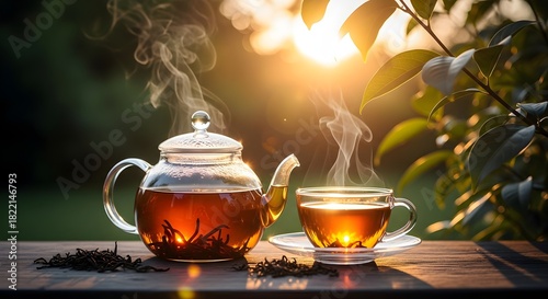 Golden hour sunlight illuminates a transparent teapot and steamy cup of brewed herbal tea sitting on a rustic wooden plank outdoors creating tranquil morning beverage scene and cozy ambiance