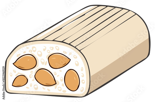 Nougat candy bar with almonds and a white chewy texture, cut and showing fillings