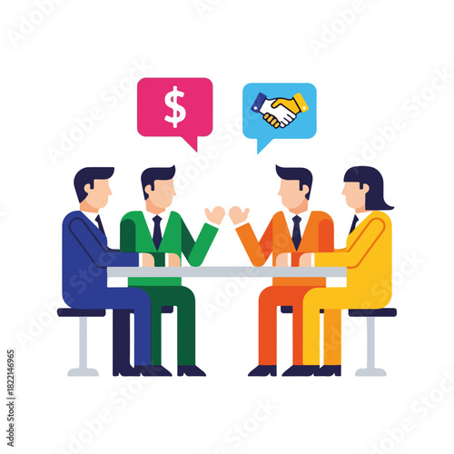 Business meeting at table illustrates collaboration between partners and dollar symbol. Business meeting collaboration represents a negotiation about money and successful deal.