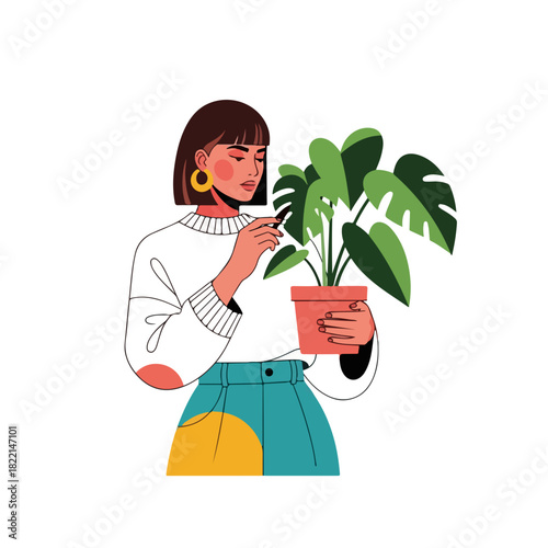 Woman with houseplant in terracotta pot. Woman carefully examining houseplant, showing her dedication and care. Concept woman with houseplant for those seeking moments of relaxation and connection.