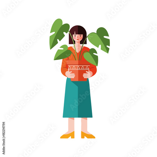 Young woman holding potted plant, showcasing nature's beauty and tranquility. Potted plant features vibrant green leaves and intricate pot design. Conceptual potted plant evokes serenity,