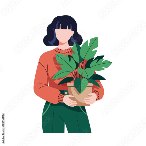 Woman with plant in pot in a minimalist style showing person holding potted plant. Potted plant brings sense of peace and nature indoors in her arms, embodying calm and freshness.