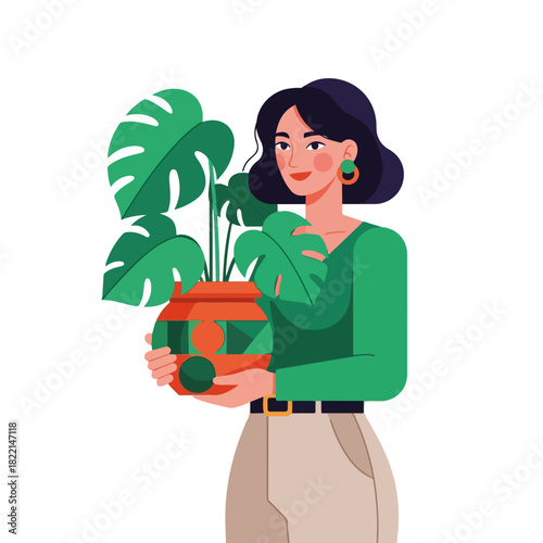 Woman holding houseplant presents serene scene, embodying gentle warmth, reflecting peaceful indoor gardening. This tranquil scene includes green monstera deliciosa in an orange pot,