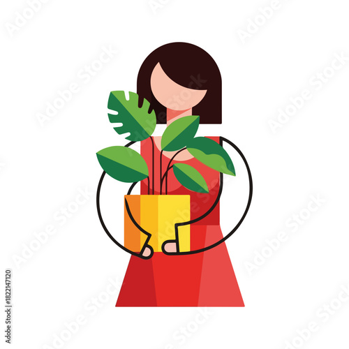 Woman holding houseplant in stylized scene. This stylized scene depicts woman and houseplant for various creative projects. Consider this stylized scene for decoration concept.
