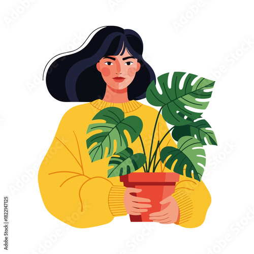 Woman holding houseplant, attractive girl embracing potted plant with green leaves. This woman holding houseplant cares for indoor plant, expressing love for nature and home decor.