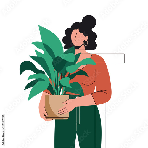 Illustration of woman with houseplant, a stylish indoor gardening concept. Houseplant is in decorative pot, woman holding it. This illustration, woman with houseplant,