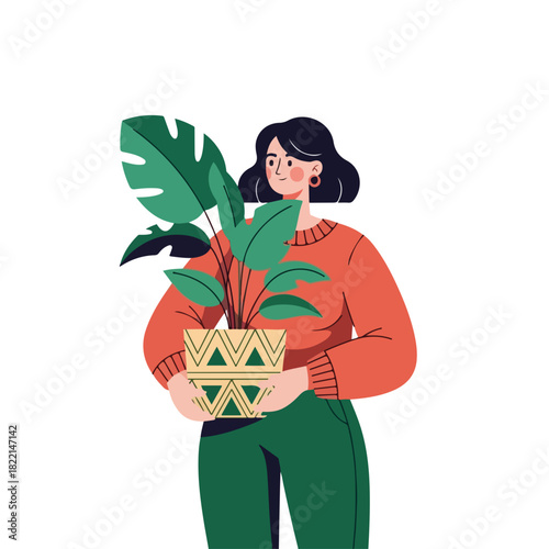 Woman holding potted plant with monstera leaves, isolated on white background. Potted plant symbolizes growth, care, and connection to nature.