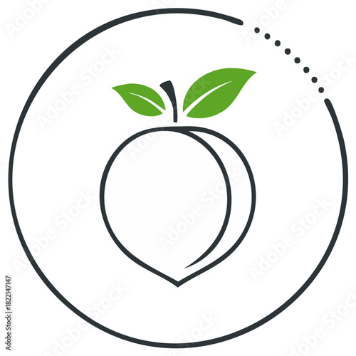 Peach outline icon design with leaves inside circular frame and dots