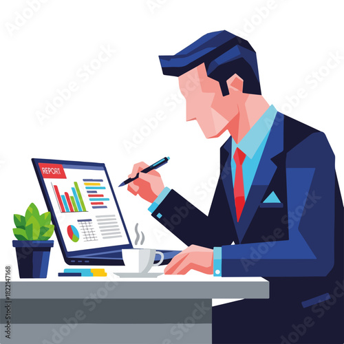Businessman analysis report with charts on computer, businessman analysis report with pen on laptop, coffee and indoor plants.