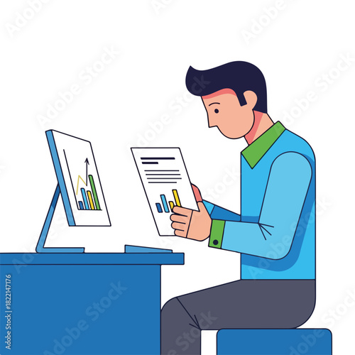 Businessman analyzing graph, standing in office. Businessman studying document with colorful graph, computer showing diagram. Concept businessman, work, business analytics for company strategy.