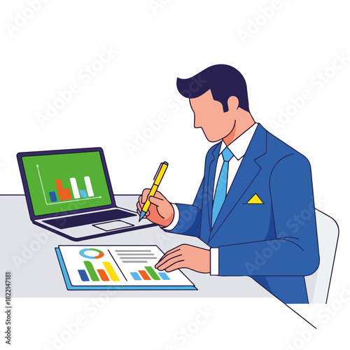 Examining company data, businessman analyzes financial figures on laptop and paper report, showcasing business analysis.