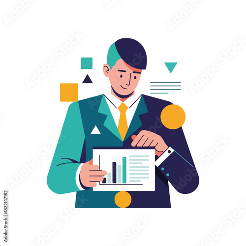 Graphic representation of business with man in suit presenting report with chart. Business presentation includes expert analysis of financial report, visualizing company's performance.