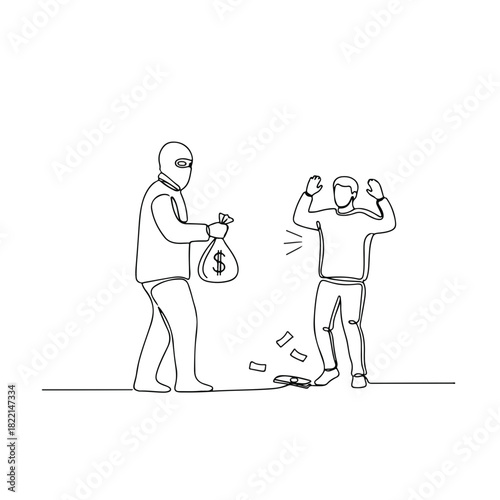 Continuous line drawing robbery. One continuous line robbery illustration displays criminal with mask stealing money from man victim, a stark depiction of theft and vulnerability.