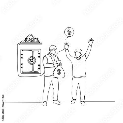 Line art illustration depicting a bank robbery, with one character holding a bag of money and another surrendering with hands up. Bank robbery scene in minimalist style,