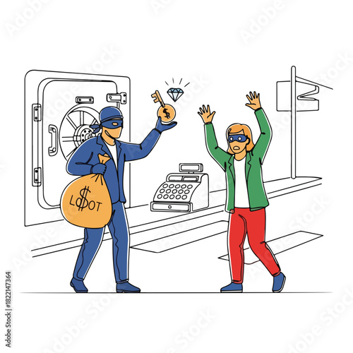 Bank robbery depicted with thief holding money bag and robber facing arrest. Bank robbery illustration showing masked criminal stealing diamond.