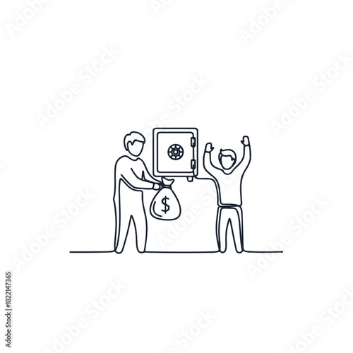 Continuous line drawing illustrating money laundering crime, showing safe and bag. This money laundering illustration depicts financial fraud by criminals,
