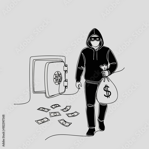 Thief illustration depicts crime scene with open safe and money scattered on floor. Thief illustration shows masked robber escaping with loot, dollars inside sack.