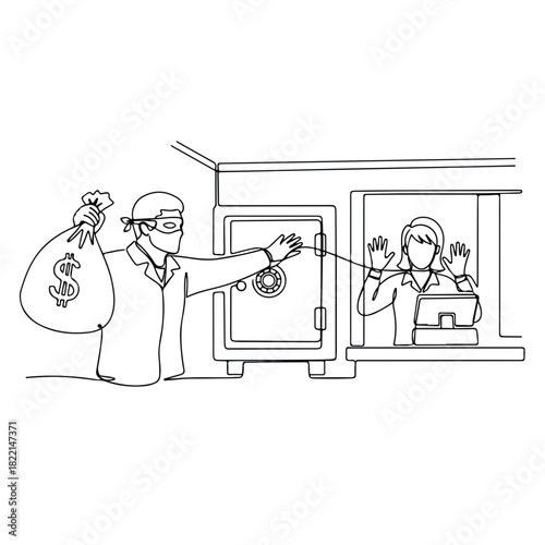 Line drawing bank robbery scene showcases thief in action, trying to steal from bank. Line drawing captures drama of crime, depicting a robber in mask aiming to rob bank.