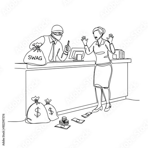 Bank robbery scene shows a robber demanding money from cashier while threatening at gunpoint. Bank robbery with robber holding moneybag with SWAG writing.