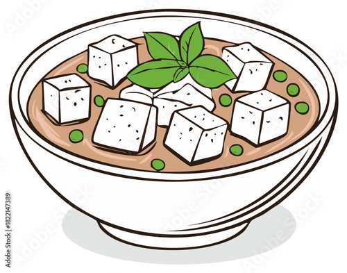 Cartoon bowl of soup with tofu cubes, green peas, and fresh basil.