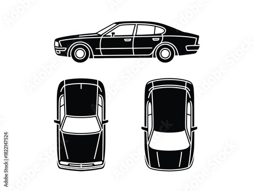 Black and white illustration of a car in side and top views on a white background