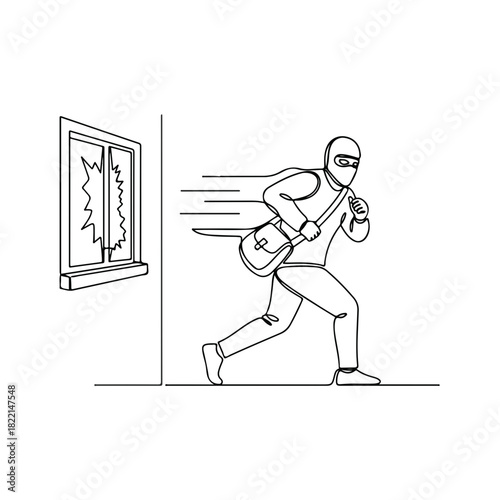 Criminal on the run escaping from broken window, one continuous line drawing. Depicting criminal activity, this criminal activity includes burglar running away with stolen bag.