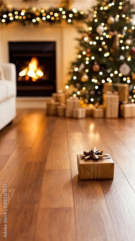 Fototapeta premium A warm and inviting living room captures the essence of Christmas with a beautifully decorated fireplace, twinkling lights, and a lovely Christmas tree