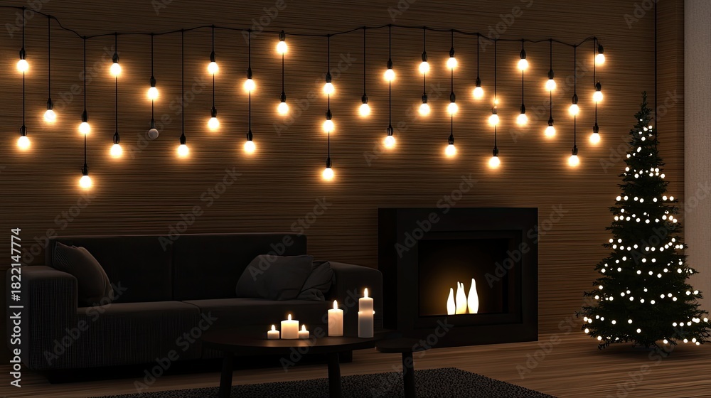 Naklejka premium A warm and inviting living room is decorated for Christmas, featuring string lights, a small tree, cozy seating, and lit candles, perfect for the holiday season