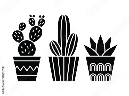 Three potted black and white stylized cacti and succulent plants illustration