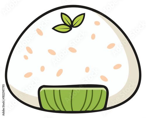 Delicious Japanese onigiri rice ball with fresh seaweed wrap and leafy garnish cartoon illustration
