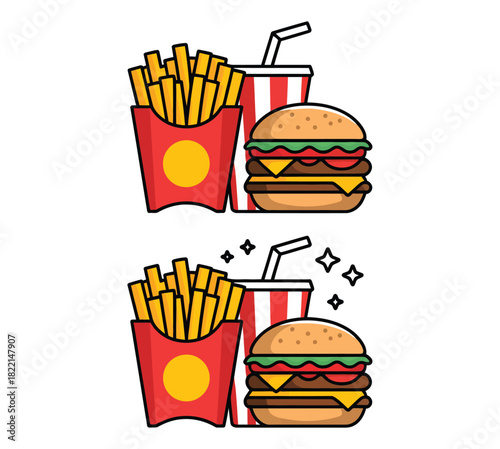 Two sets of cartoon fast food meals including burgers fries and striped drinks