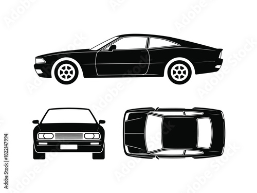 Illustration of a black car shown in side front and top views on white background