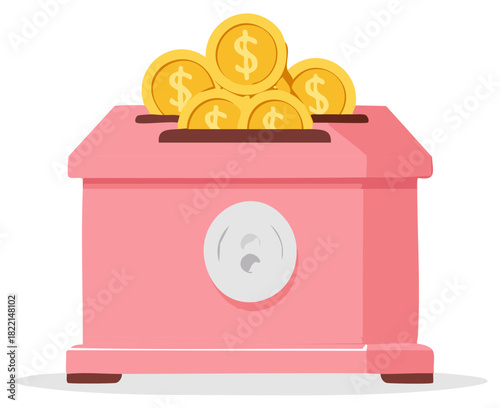 Pink piggy bank box stuffed with gold coins symbolizing saving money and wealth accumulation