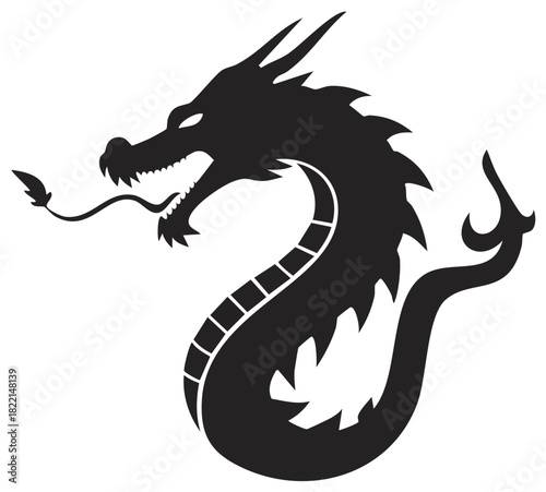Stylized Black Dragon Silhouette With Spiky Mane And Flowing Tail