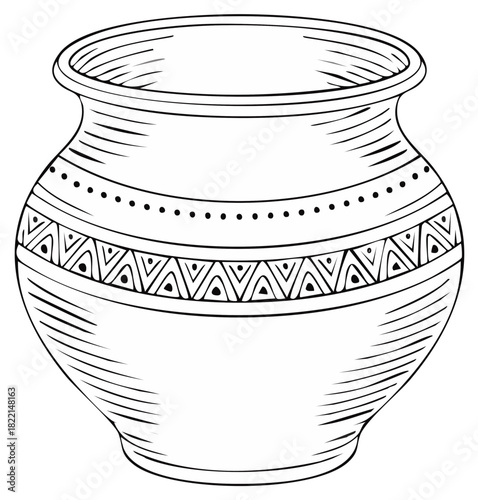 Traditional Terracotta Pot with Geometric Patterns Hand Drawn Sketch