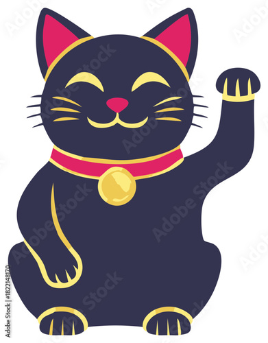 Black Japanese lucky cat Maneki Neko figurine vector illustration symbol of good fortune