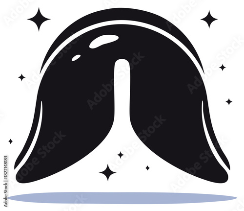 Stylized black and white vector illustration of a magical shiny fortune cookie with sparkles