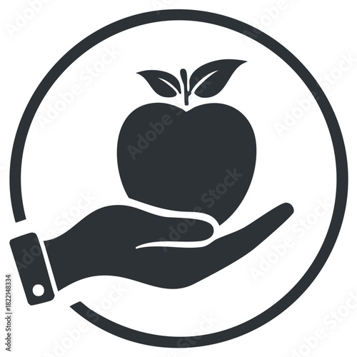Hand holding an apple with leaves inside a circle icon representing care and health