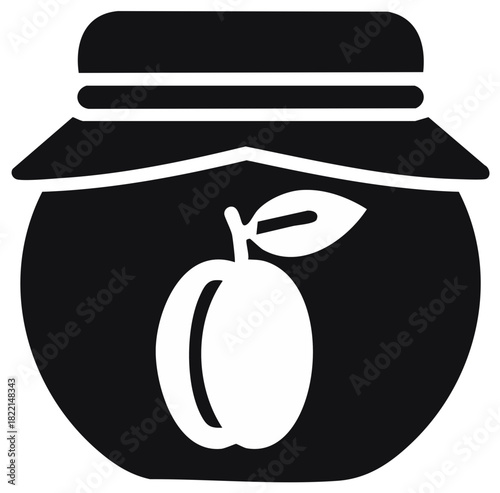 Plum Preserve Jar: Fruit Jam, Homemade, Sweet, Dessert. Rustic Black and White Icon