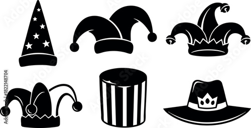 Six different party hats collection including jester wizard striped and cowboy styles vector illustration