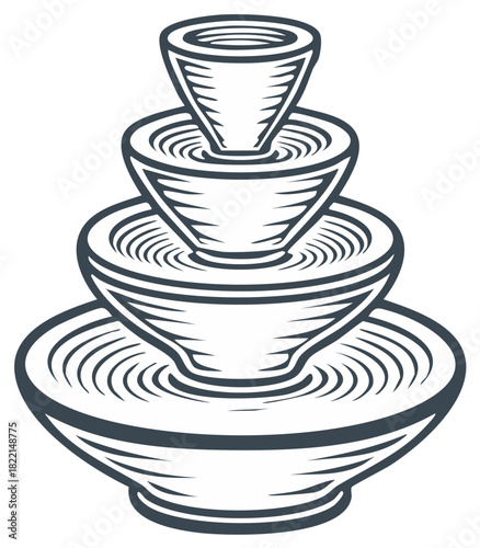 Tiered fountain with cascading water in stylized bowls and plates
